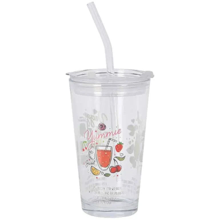 Drinkglas (400ml) met deksel & rietsje