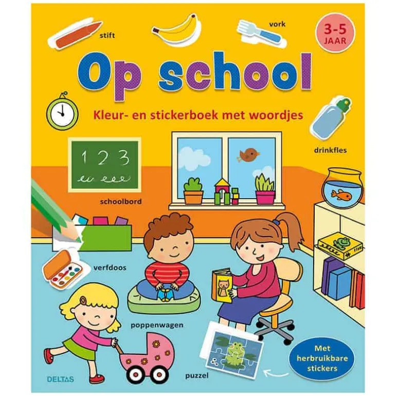 Kleur-en stickerboek met woordjes: Op school
