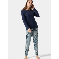 Schiesser Dames pyjama lang – grijs blauw