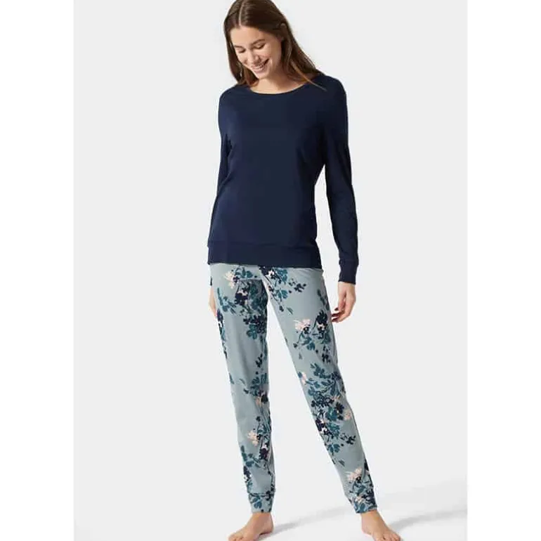 Schiesser Dames pyjama lang – grijs blauw