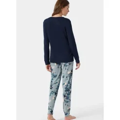 Schiesser Dames pyjama lang – grijs blauw